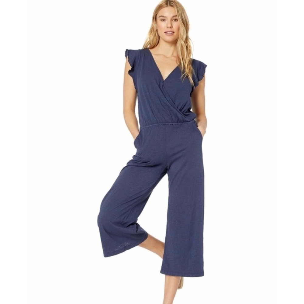 Velvet by Graham & Spencer Wynonna Surplice Jumpsuit Navy Blue Cotton Slub Small